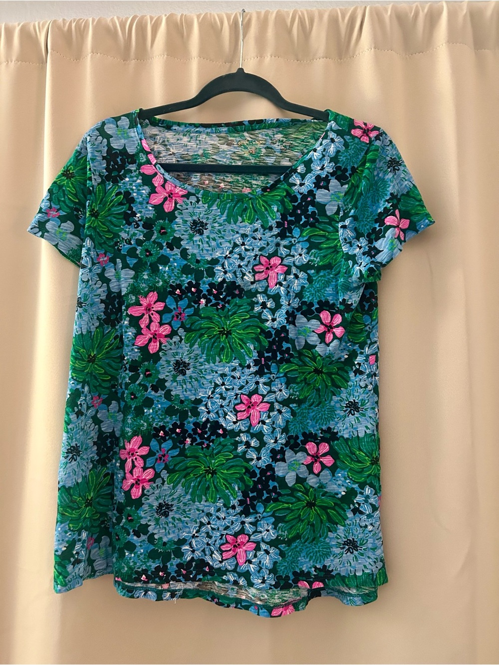 Lilly Pulitzer Floral Scoop Neck Short Sleeve Top - Green, Blue & Pink
